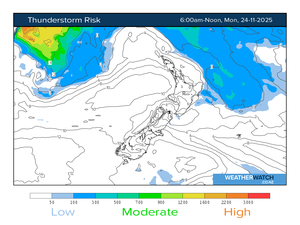 Thunderstorm risk for 7:01am on Mon 24 November 2025