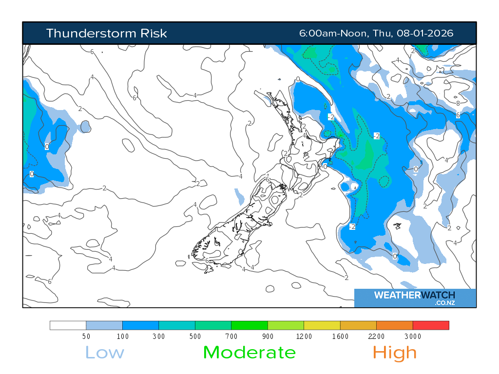 Thunderstorm risk for 7:01am on Thu 8 January 2026