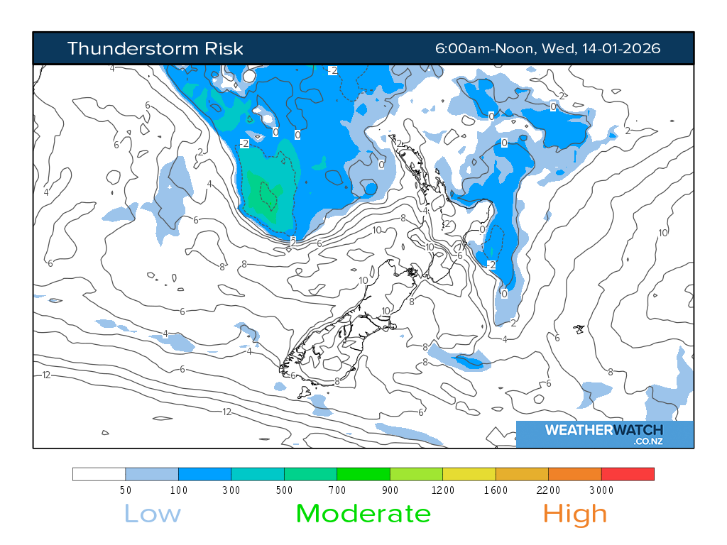 Thunderstorm risk for 7:01am on Wed 14 January 2026