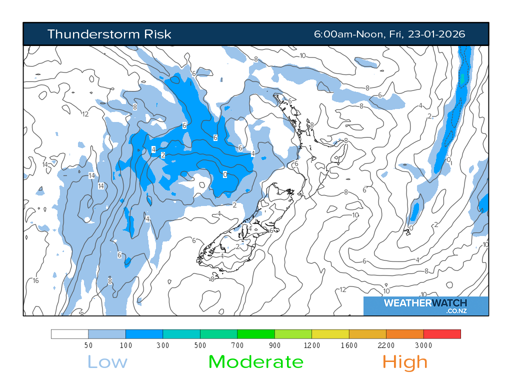 Thunderstorm risk for 7:01am on Fri 23 January 2026