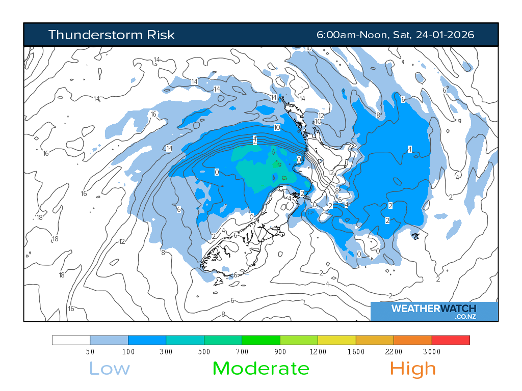 Thunderstorm risk for 7:01am on Sat 24 January 2026