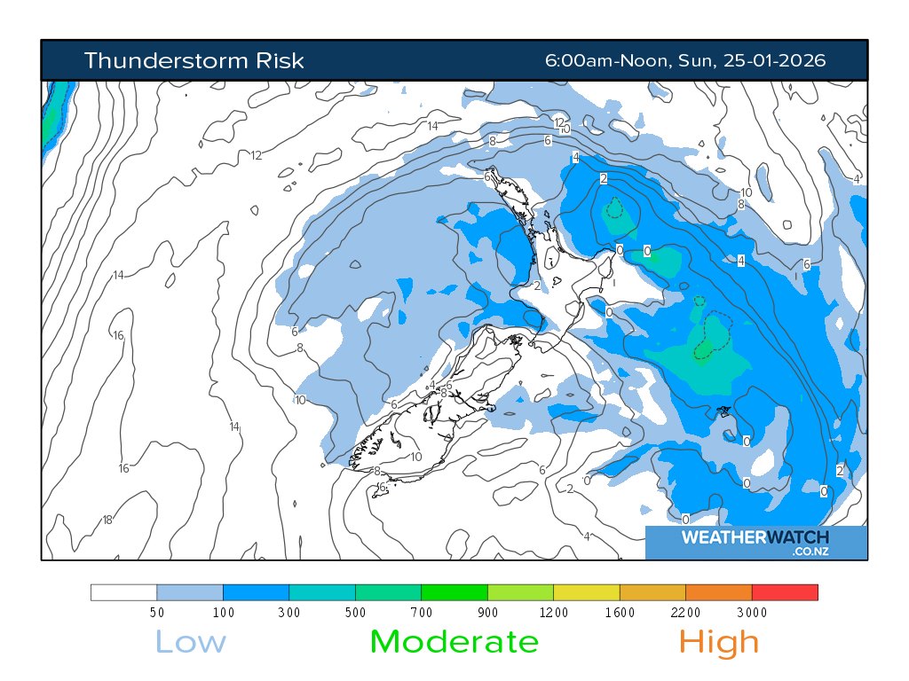 Thunderstorm risk for 7:01am on Sun 25 January 2026