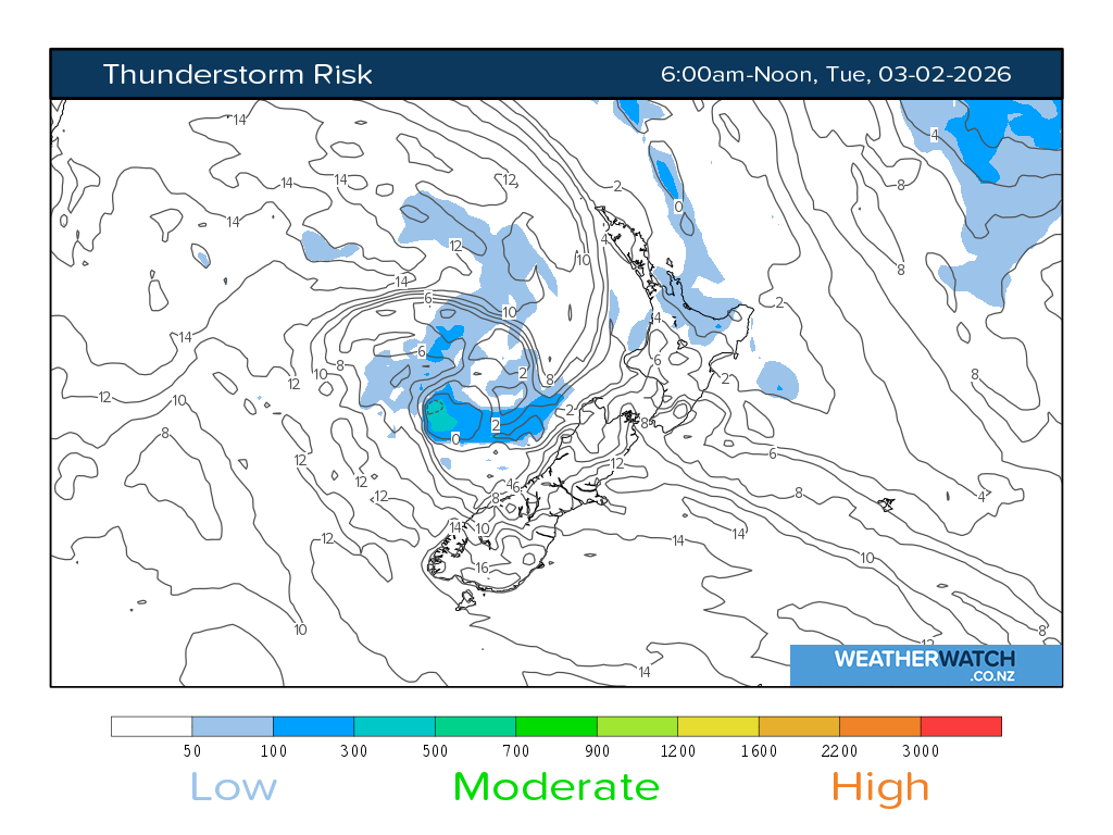 Thunderstorm risk for 7:01am on Tue 3 February 2026
