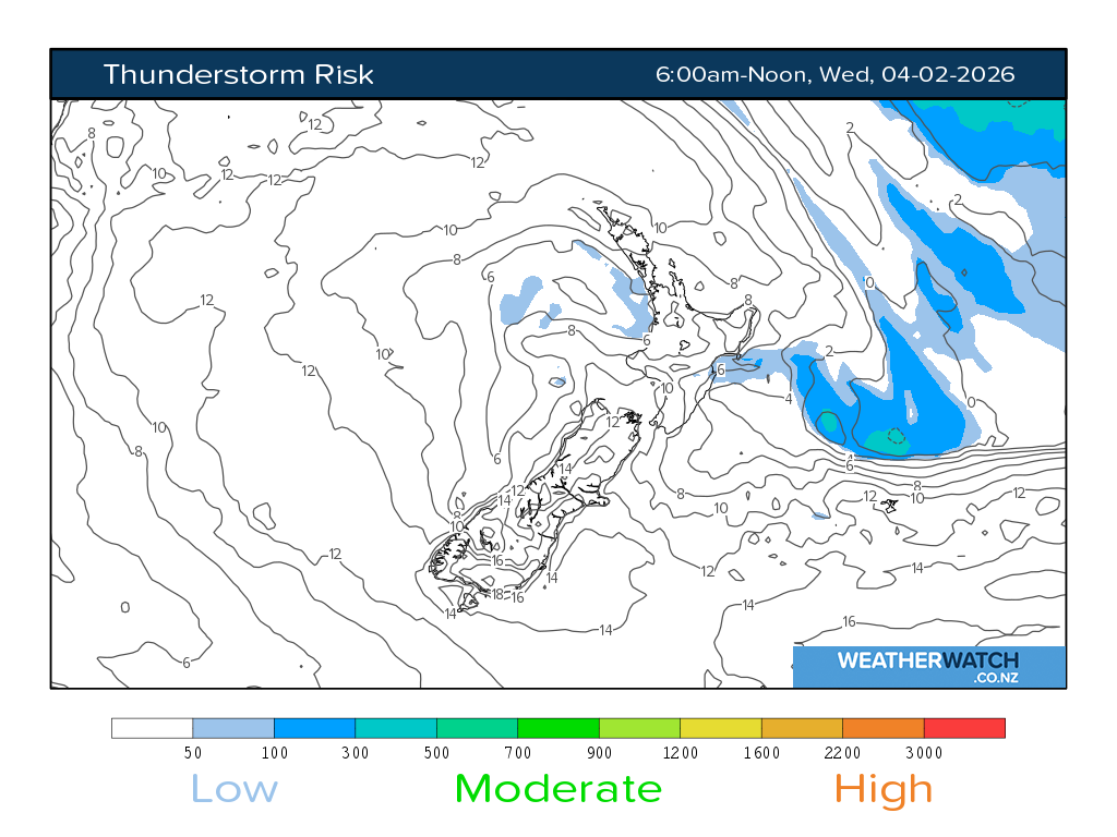 Thunderstorm risk for 7:01am on Wed 4 February 2026