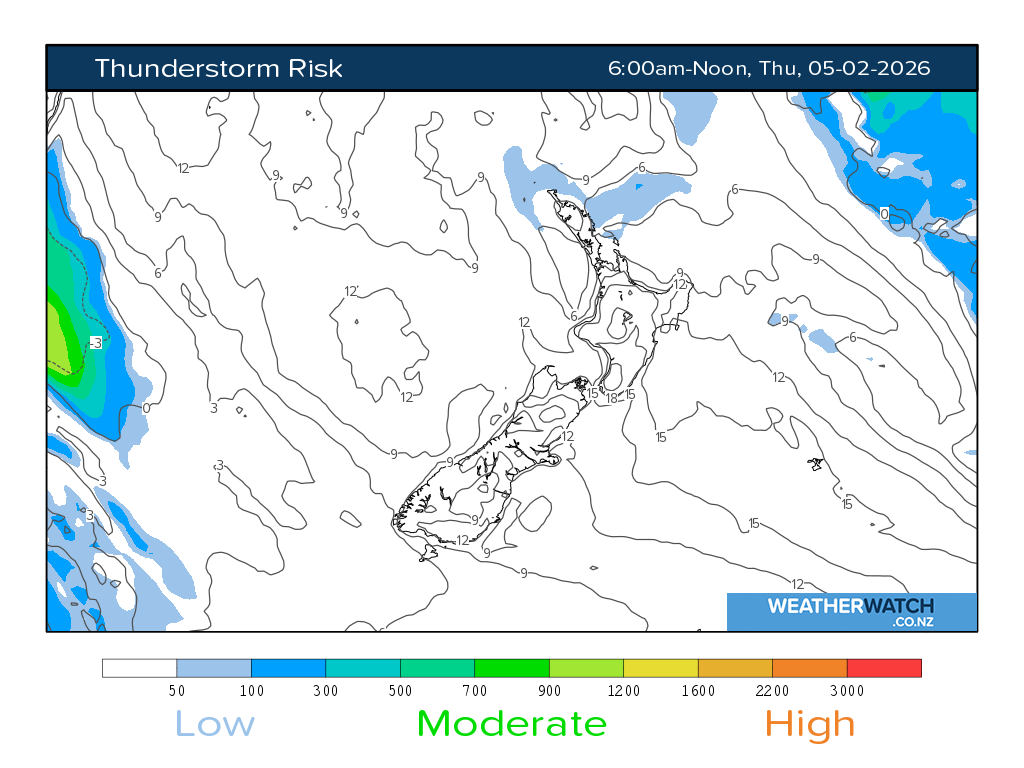 Thunderstorm risk for 7:01am on Thu 5 February 2026