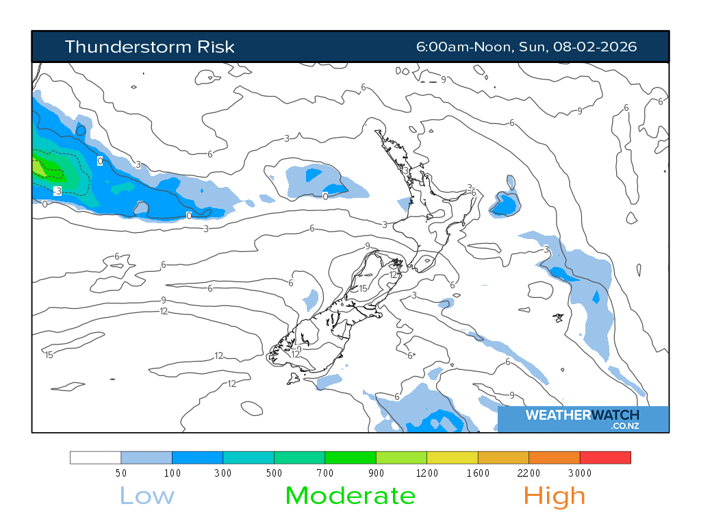 Thunderstorm risk for 7:01am on Sun 8 February 2026