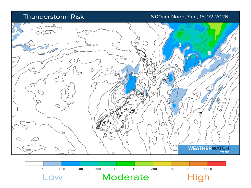 Thunderstorm risk for 7:01am on Sun 15 February 2026