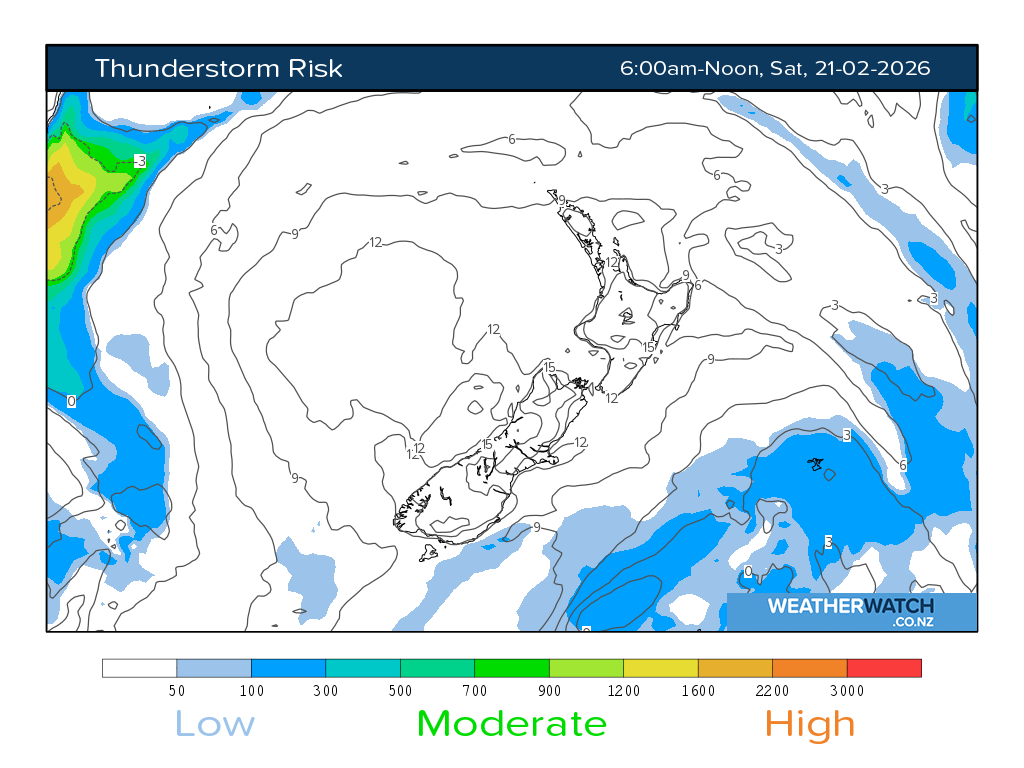 Thunderstorm risk for 7:01am on Sat 21 February 2026