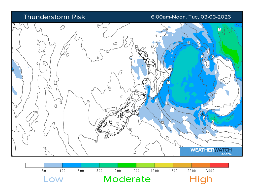 Thunderstorm risk for 7:01am on Tue 3 March 2026