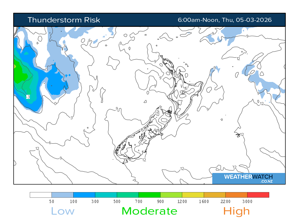 Thunderstorm risk for 7:01am on Thu 5 March 2026