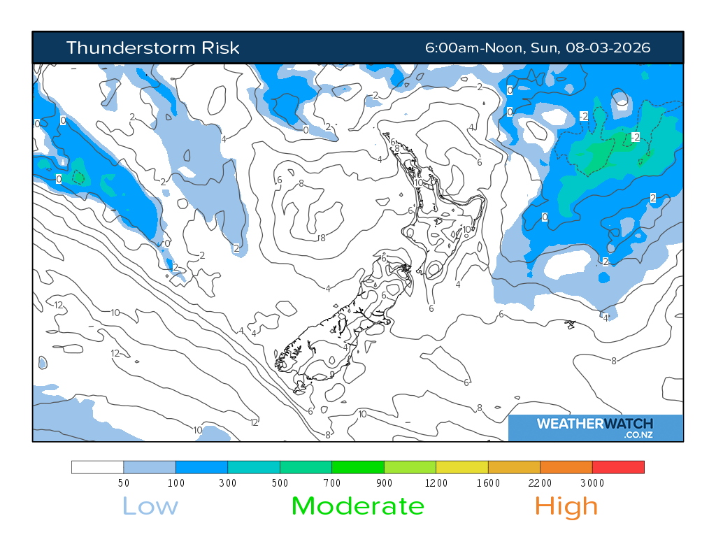 Thunderstorm risk for 7:01am on Sun 8 March 2026