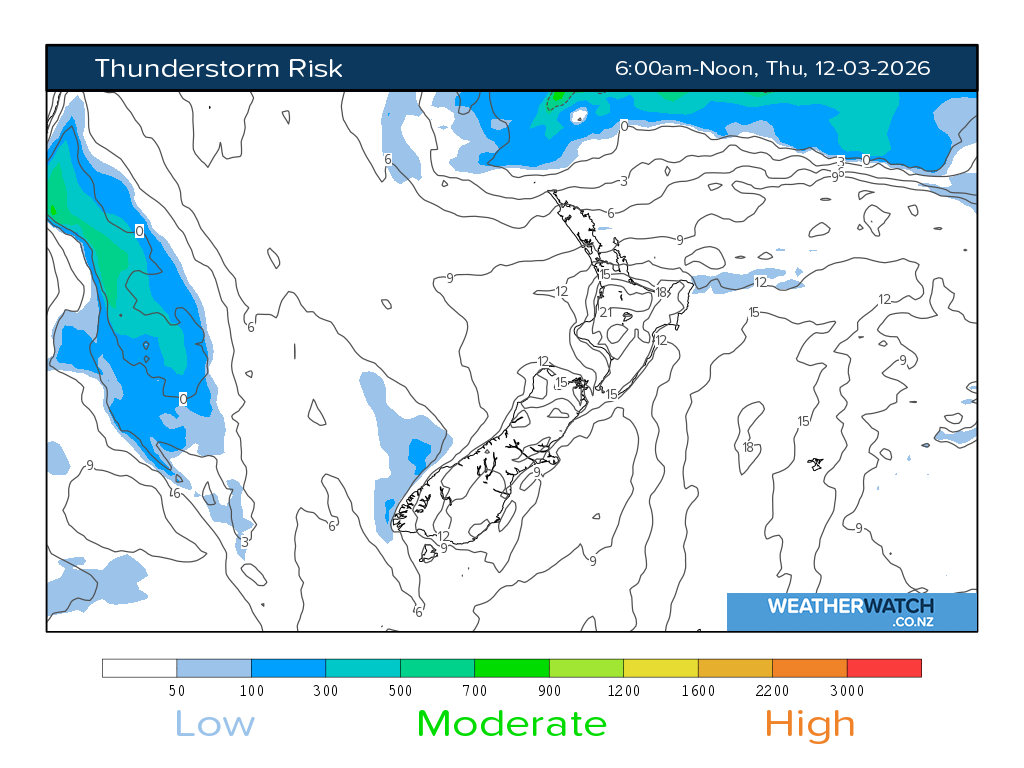 Thunderstorm risk for 7:01am on Thu 12 March 2026