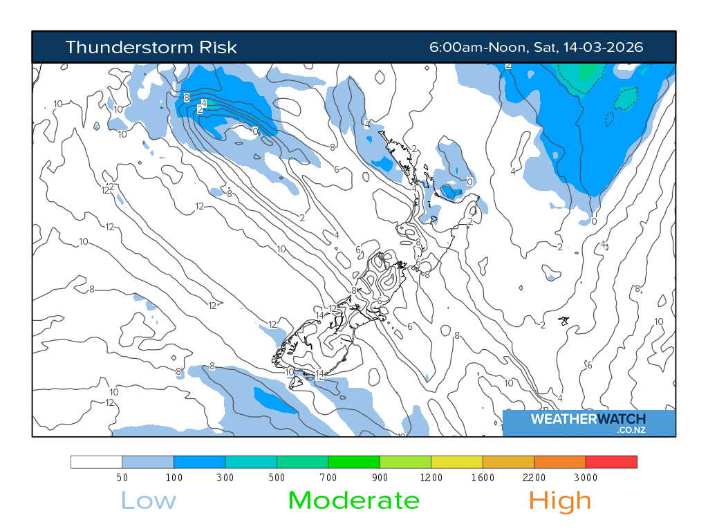 Thunderstorm risk for 7:01am on Sat 14 March 2026