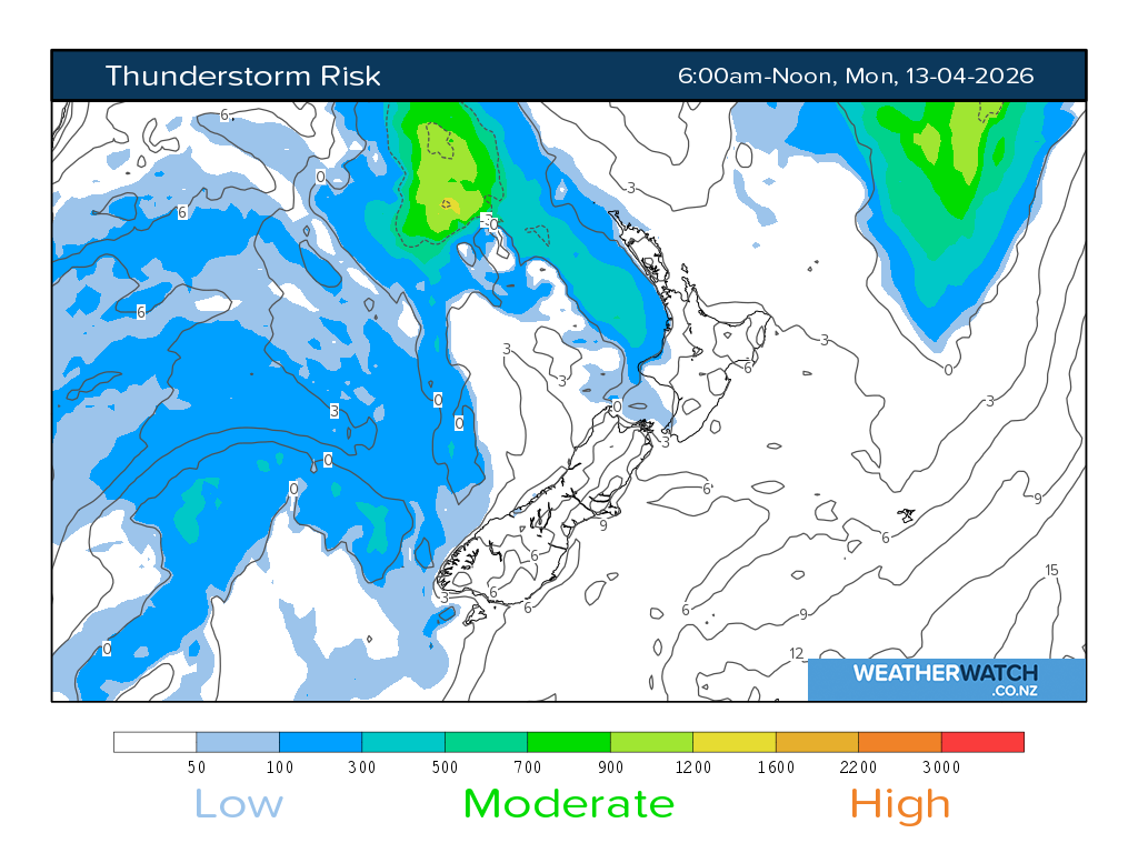 Thunderstorm risk for 6:01am on Mon 13 April 2026