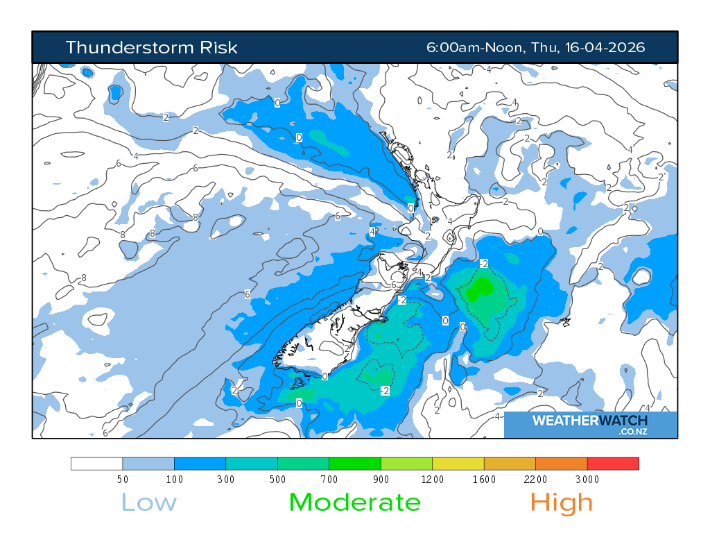 Thunderstorm risk for 6:01am on Thu 16 April 2026