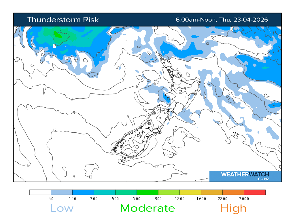 Thunderstorm risk for 6:01am on Thu 23 April 2026