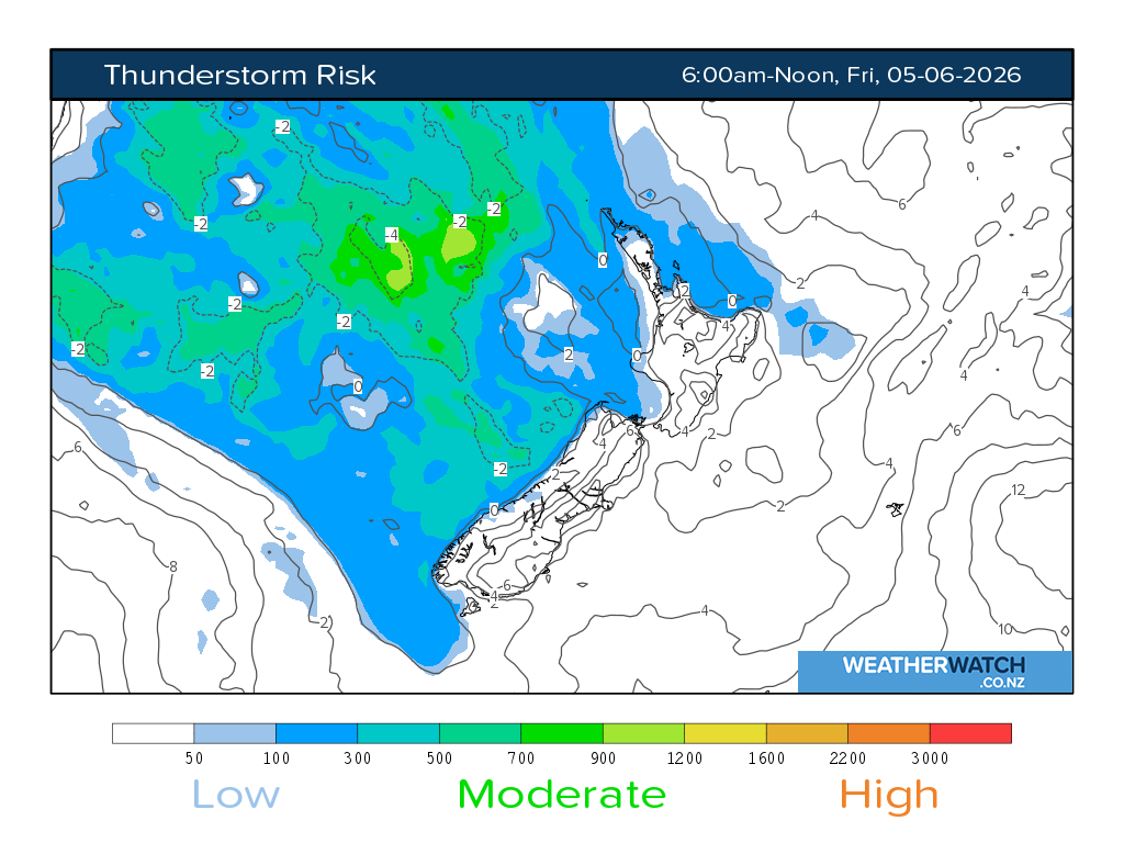 Thunderstorm risk for 6:01am on Fri 5 June 2026