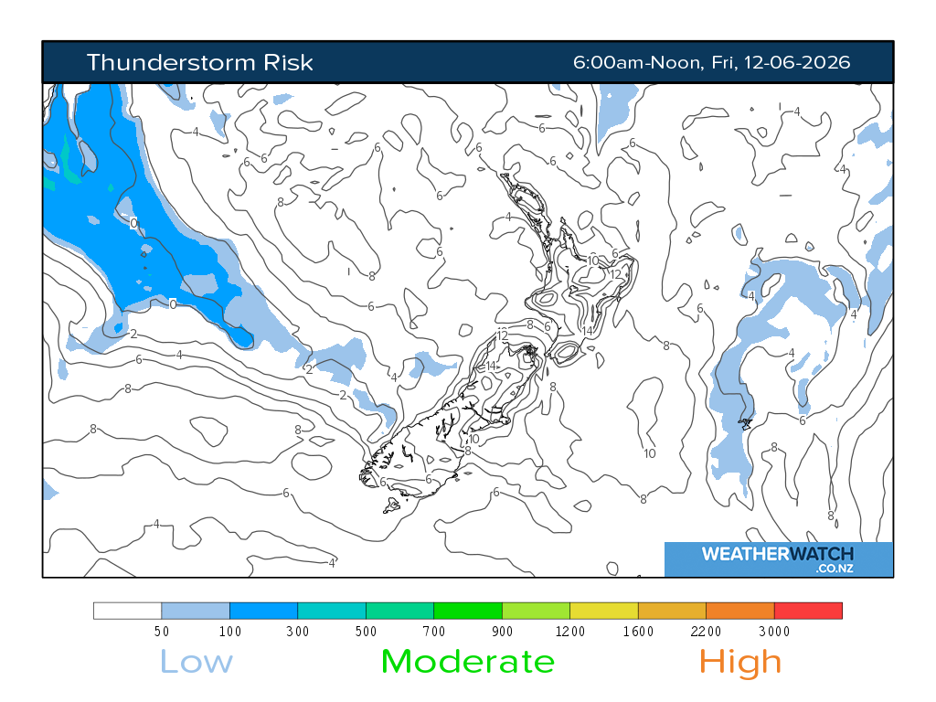 Thunderstorm risk for 6:01am on Fri 12 June 2026