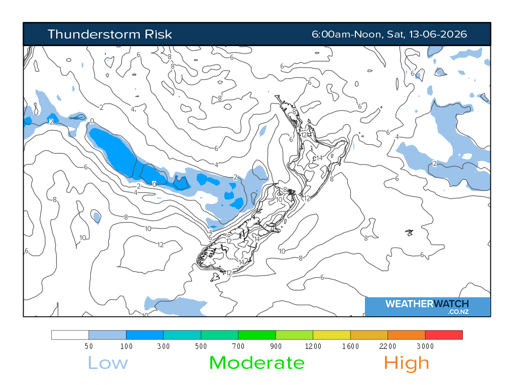 Thunderstorm risk for 6:01am on Sat 13 June 2026