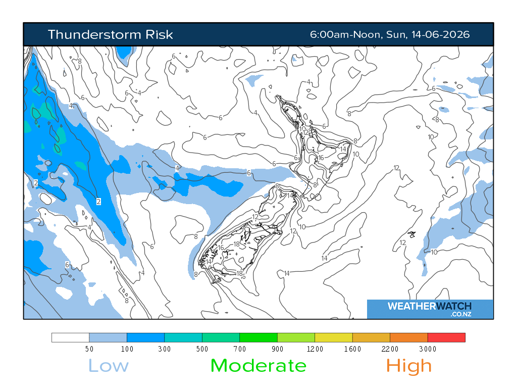 Thunderstorm risk for 6:01am on Sun 14 June 2026