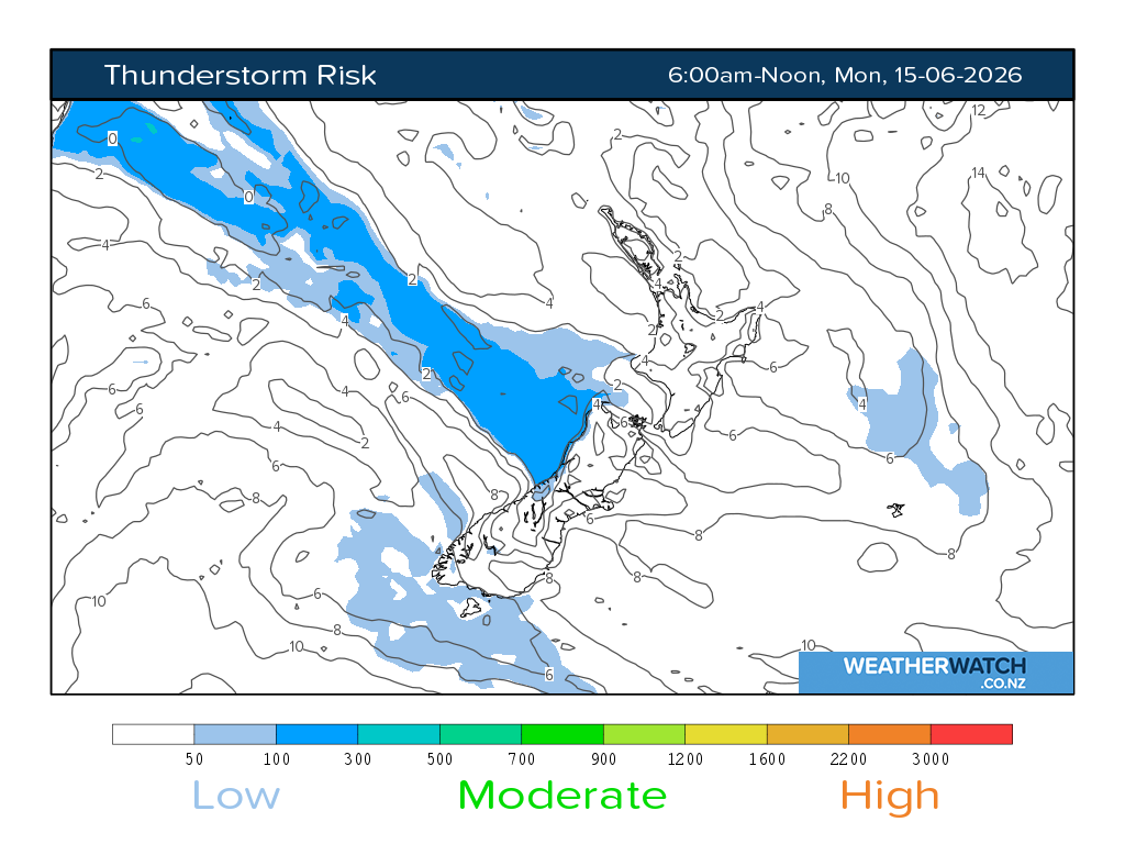 Thunderstorm risk for 6:01am on Mon 15 June 2026