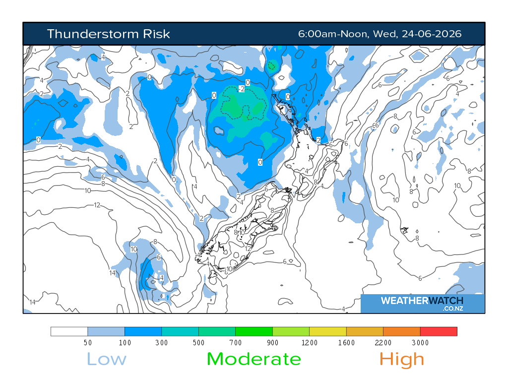 Thunderstorm risk for 6:01am on Wed 24 June 2026