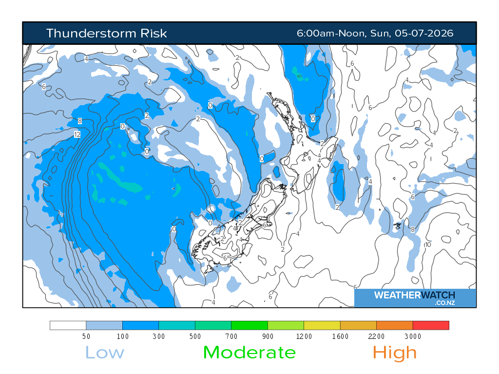 Thunderstorm risk for 6:01am on Sun 5 July 2026