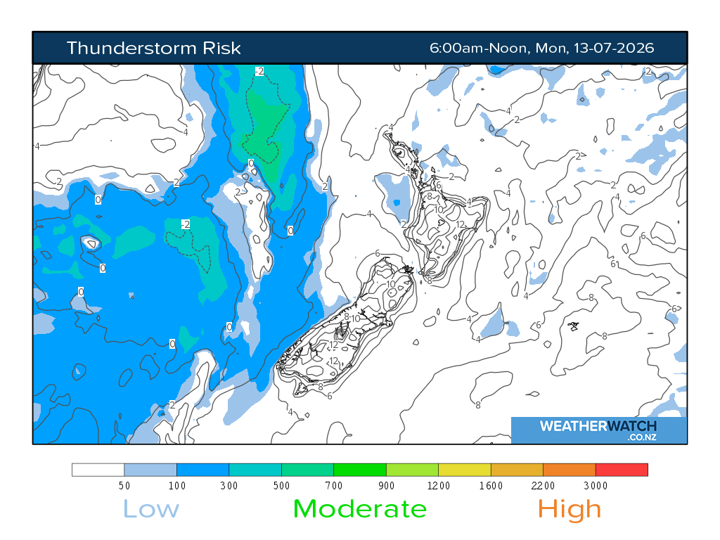 Thunderstorm risk for 6:01am on Mon 13 July 2026