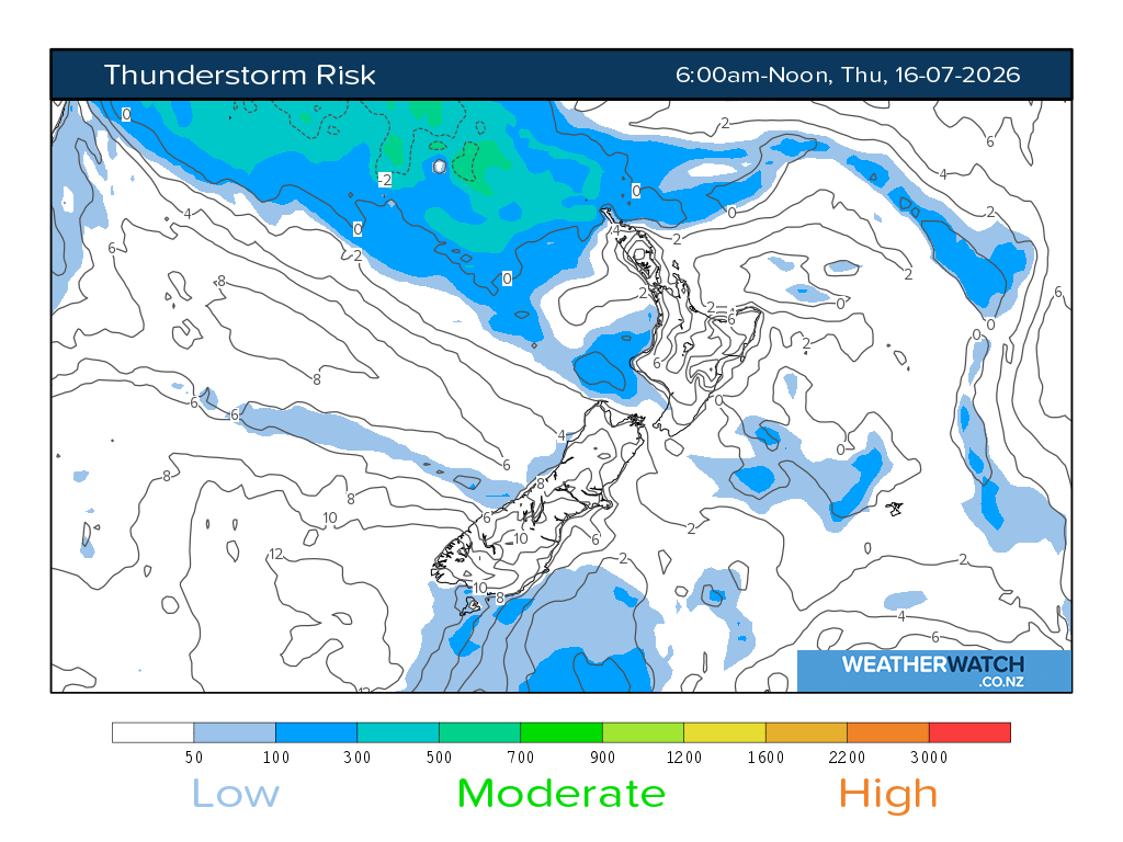 Thunderstorm risk for 6:01am on Thu 16 July 2026