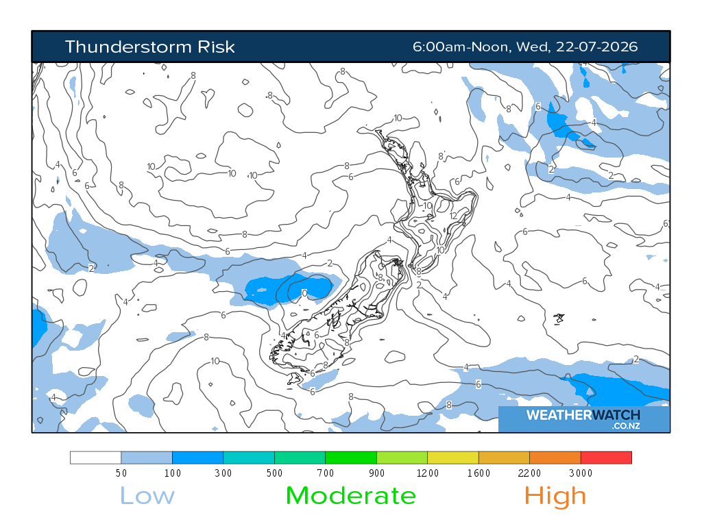 Thunderstorm risk for 6:01am on Wed 22 July 2026