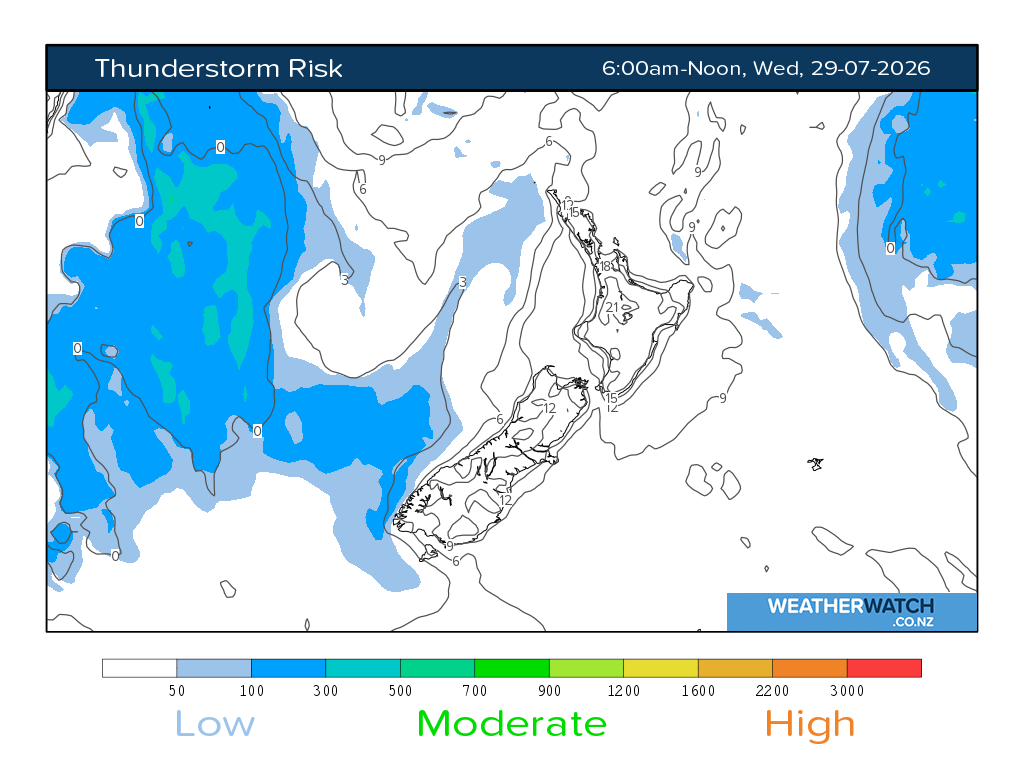 Thunderstorm risk for 6:01am on Wed 29 July 2026