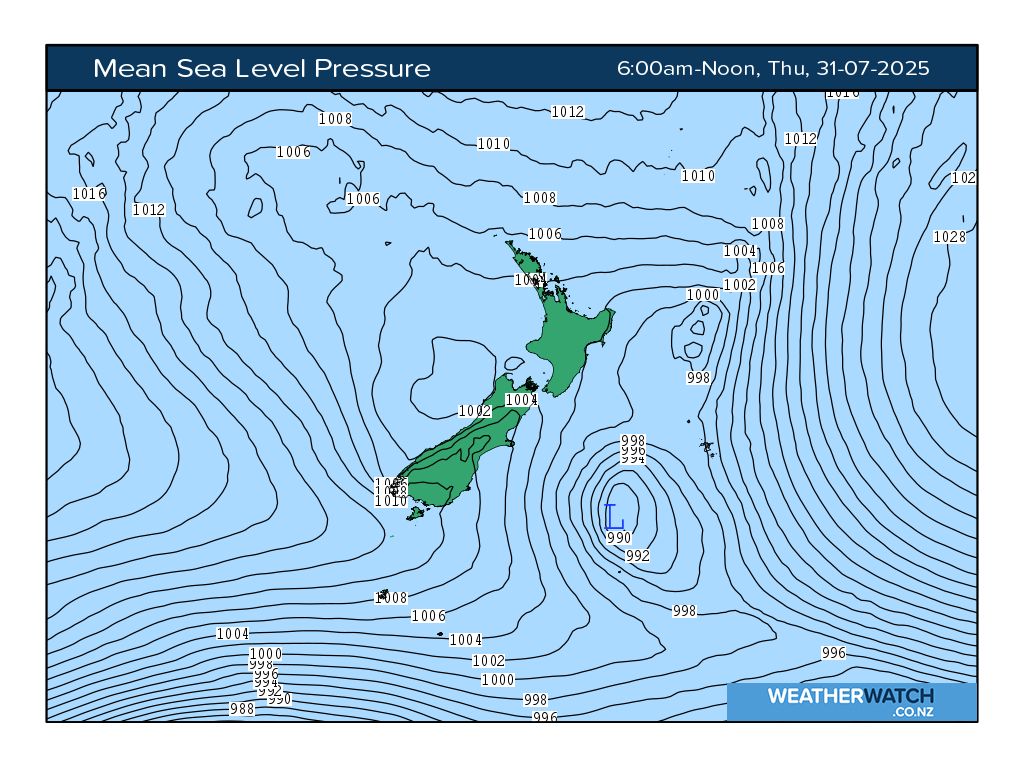 Mean sea level pressure for 6:01am on Thu 31 July 2025