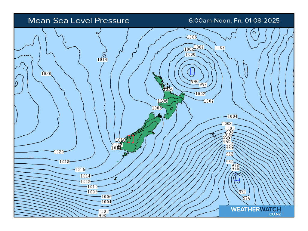 Mean sea level pressure for 6:01am on Fri 1 August 2025