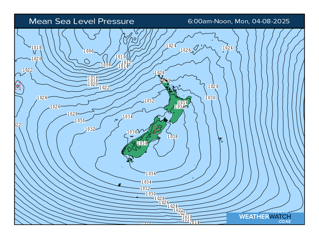 Mean sea level pressure for 6:01am on Mon 4 August 2025
