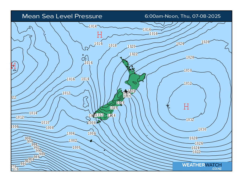 Mean sea level pressure for 6:01am on Thu 7 August 2025
