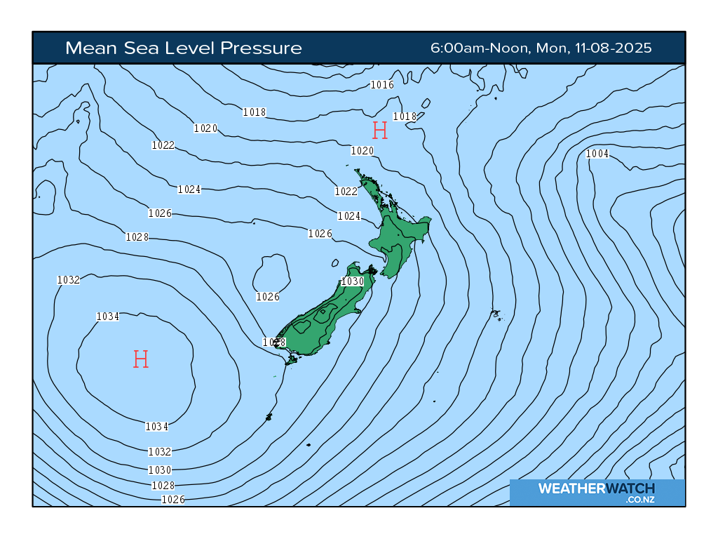 Mean sea level pressure for 6:01am on Tue 12 August 2025