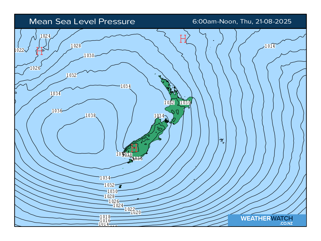 Mean sea level pressure for 6:01am on Thu 21 August 2025