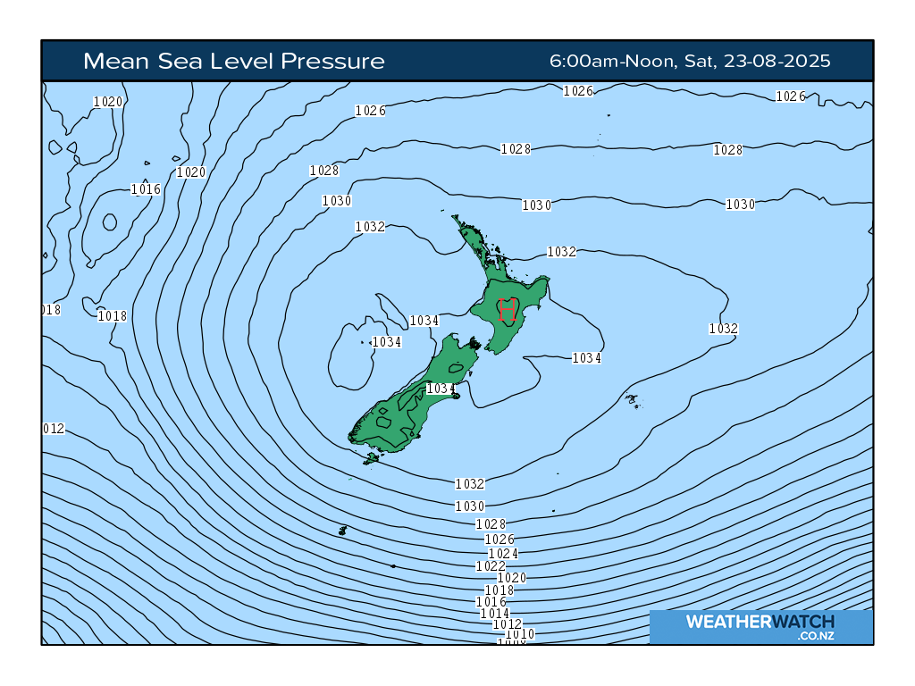Mean sea level pressure for 6:01am on Sat 23 August 2025