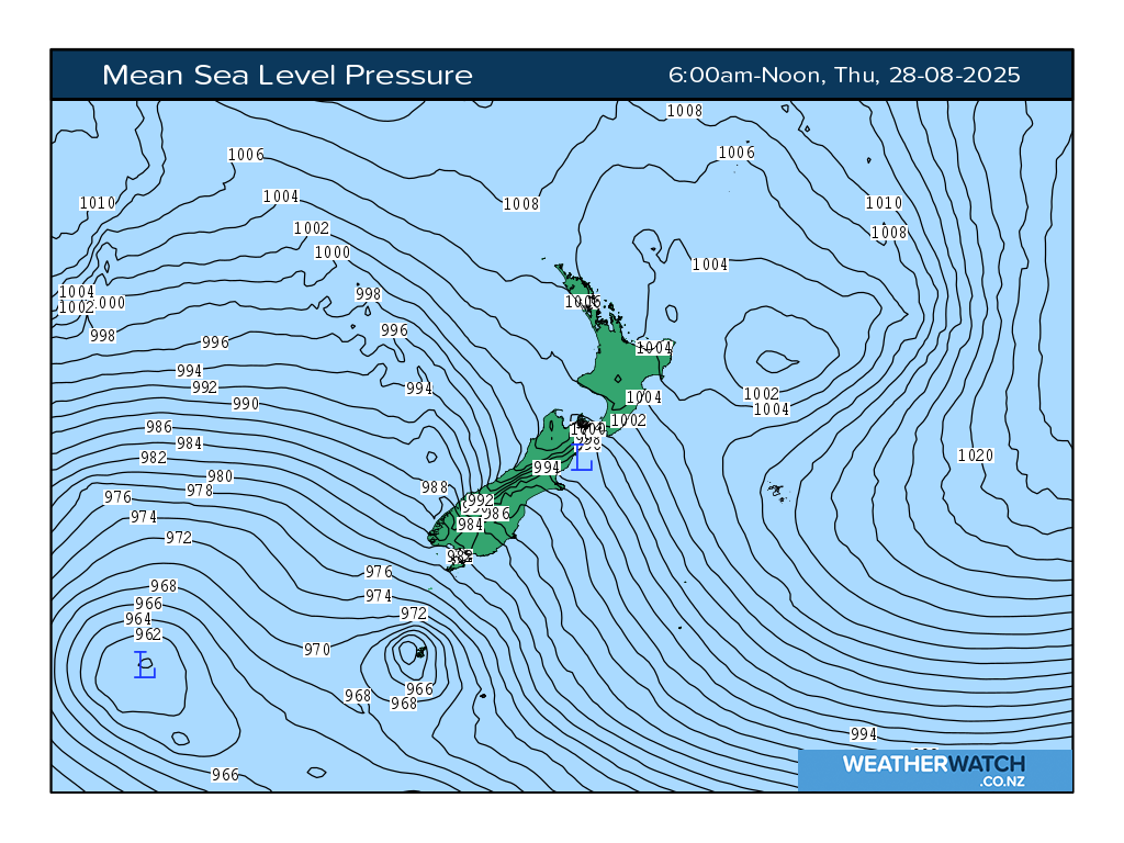 Mean sea level pressure for 6:01am on Thu 28 August 2025