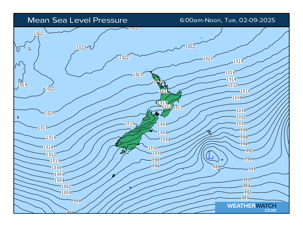 Mean sea level pressure for 6:01am on Tue 2 September 2025