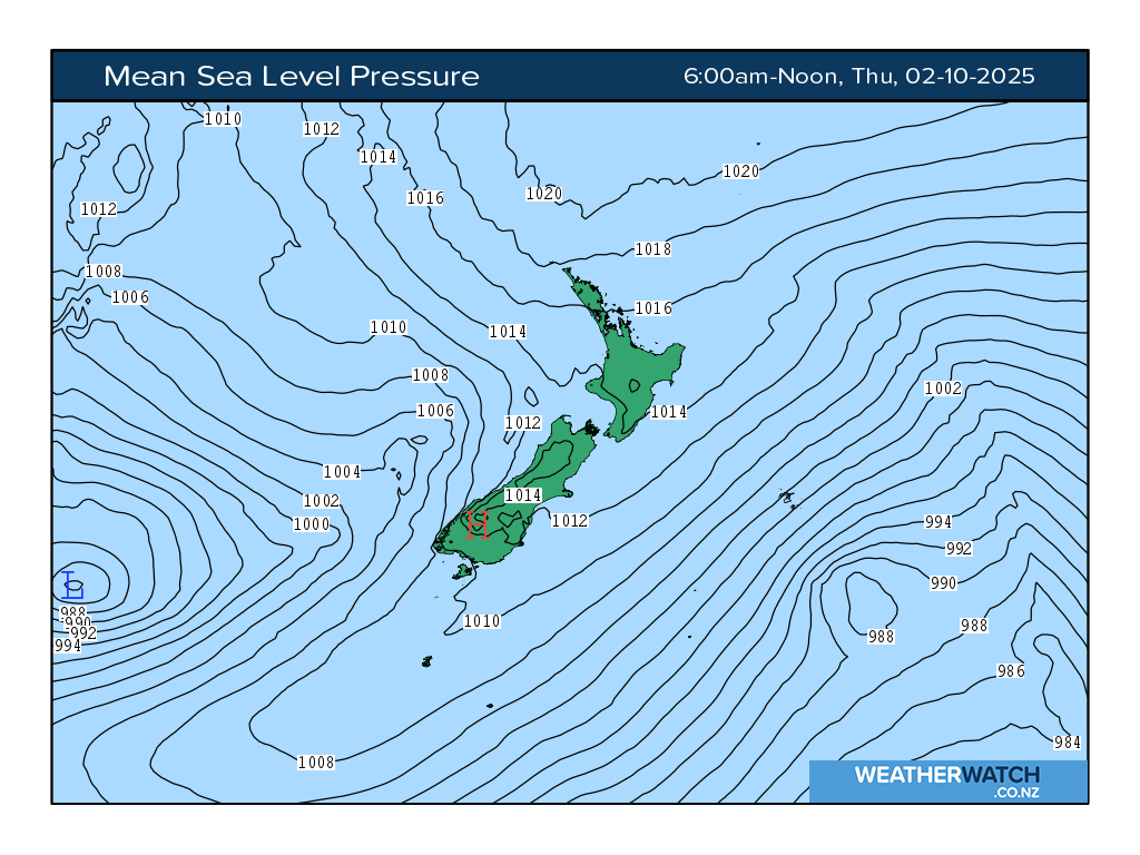 Mean sea level pressure for 7:01am on Thu 2 October 2025
