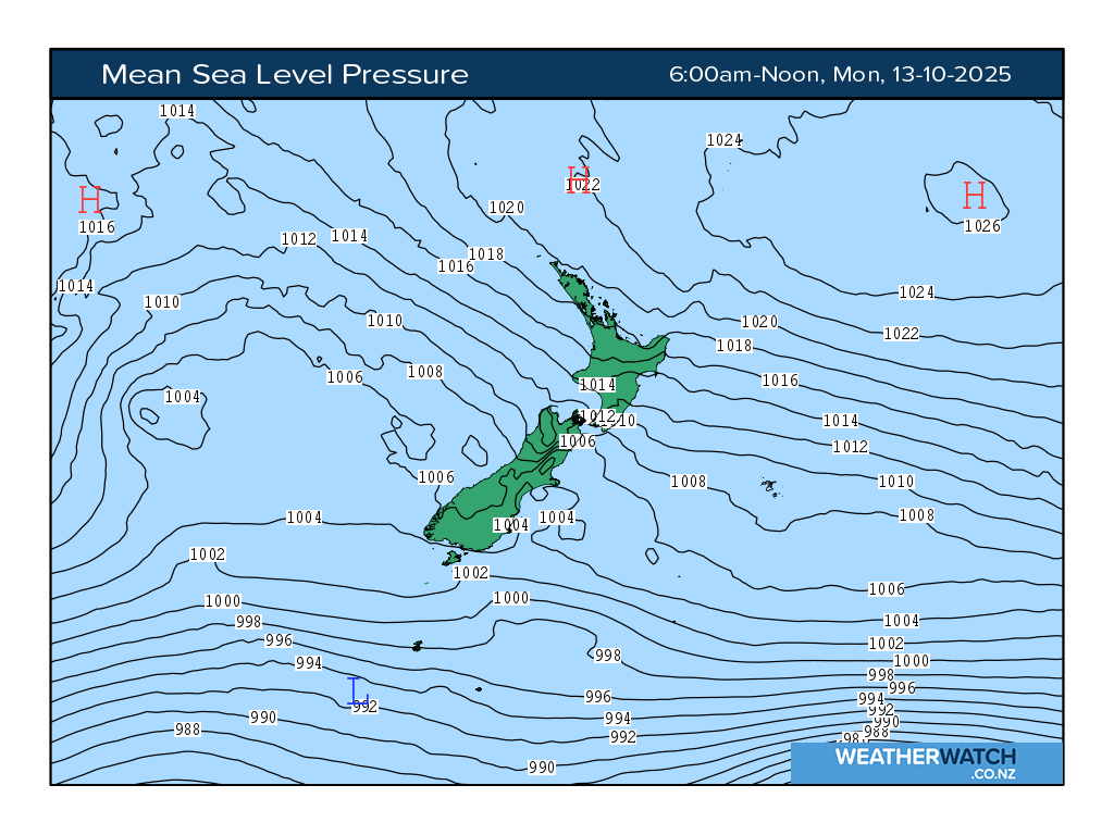 Mean sea level pressure for 7:01am on Mon 13 October 2025