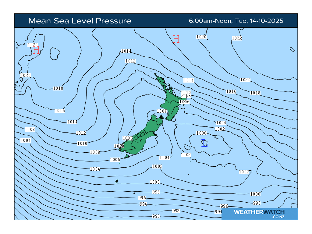 Mean sea level pressure for 7:01am on Tue 14 October 2025