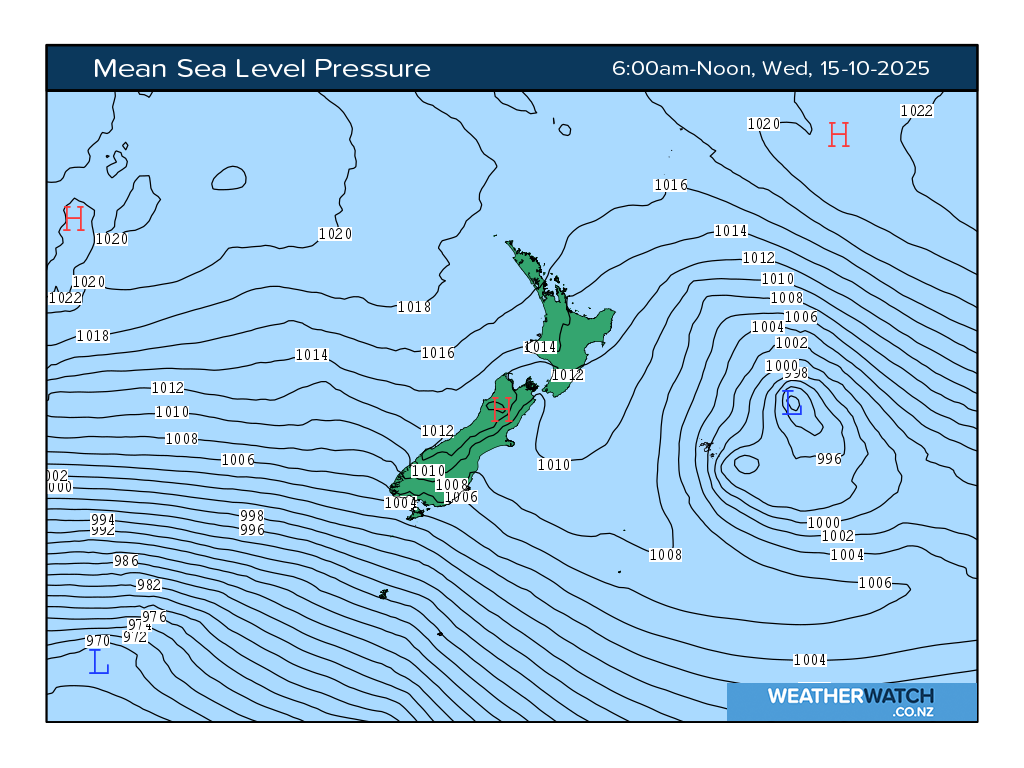 Mean sea level pressure for 7:01am on Wed 15 October 2025