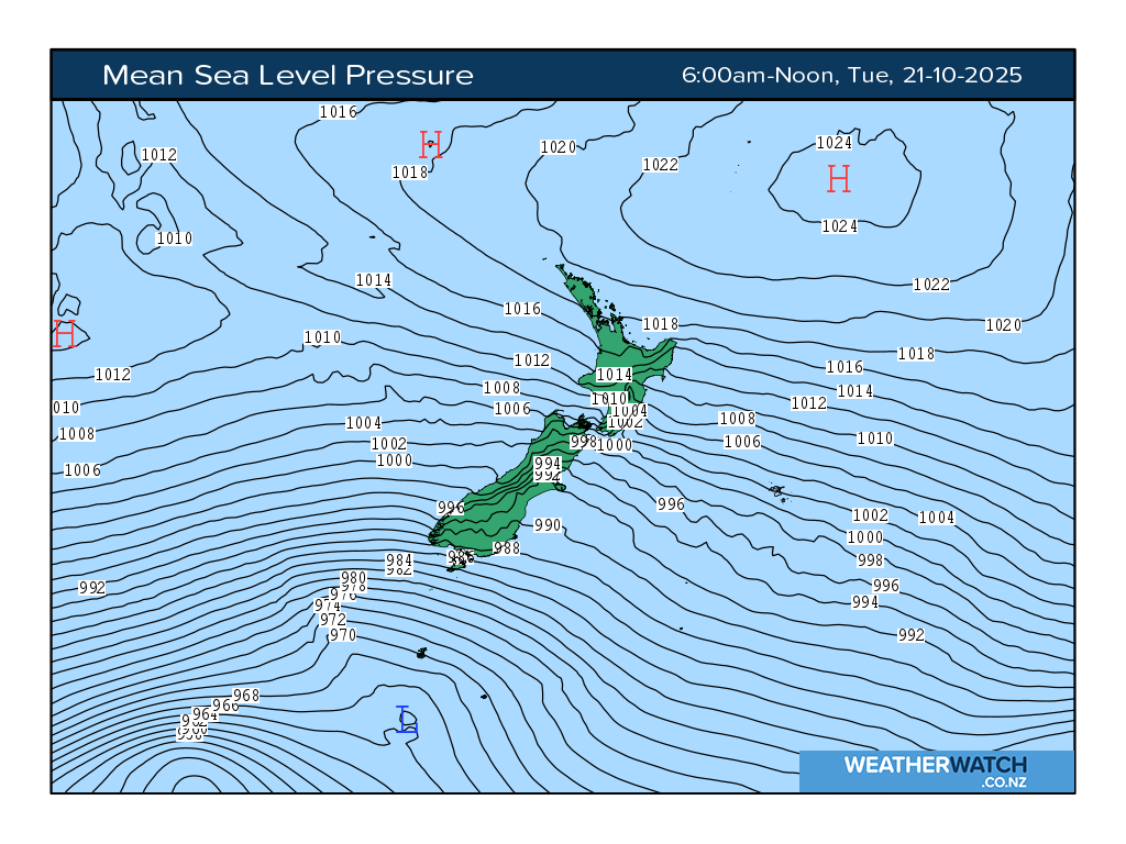 Mean sea level pressure for 7:01am on Tue 21 October 2025
