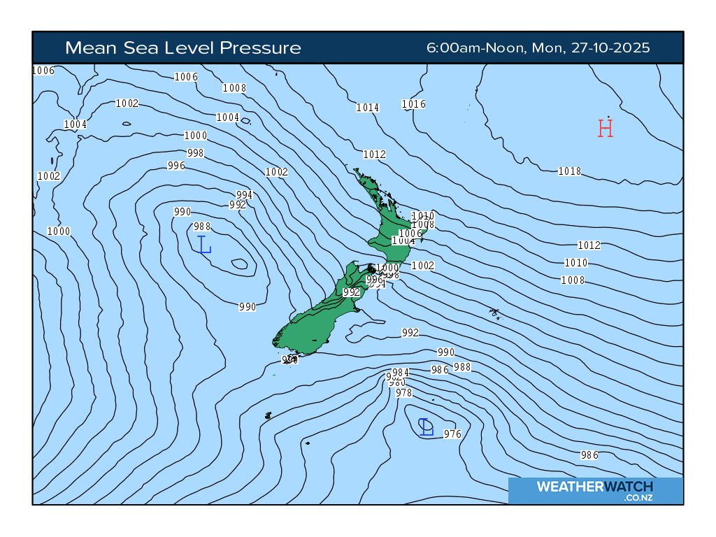 Mean sea level pressure for 7:01am on Mon 27 October 2025