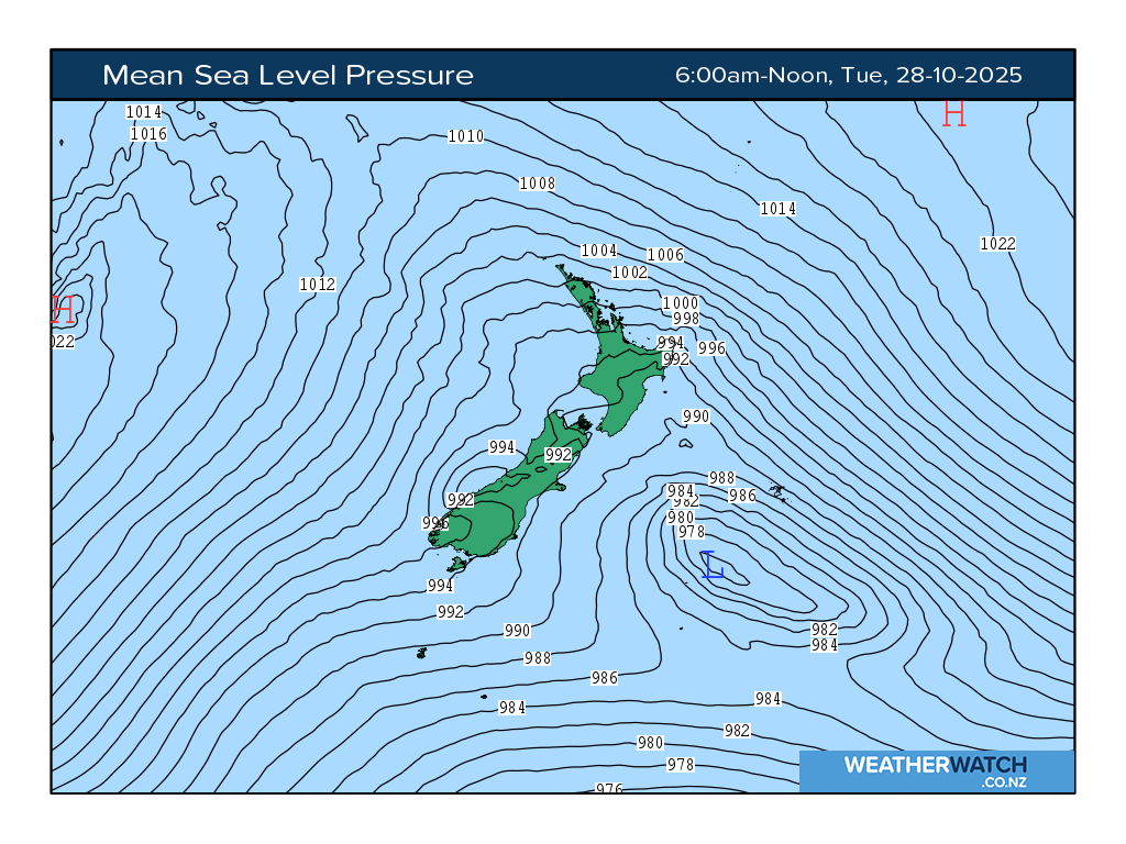 Mean sea level pressure for 7:01am on Tue 28 October 2025