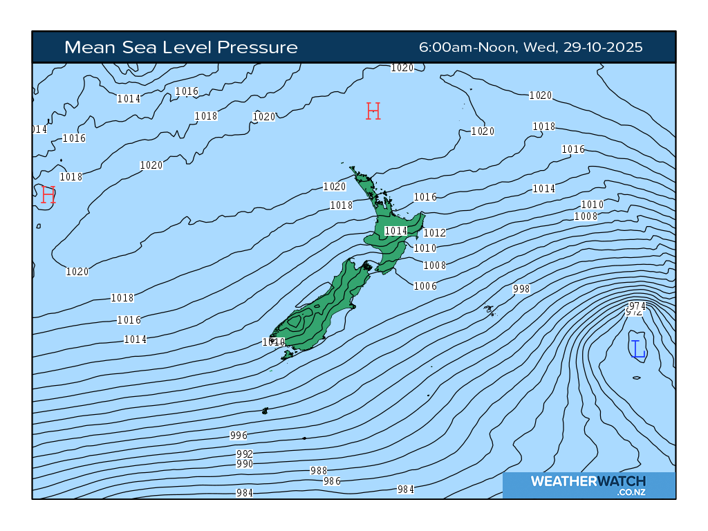 Mean sea level pressure for 7:01am on Wed 29 October 2025