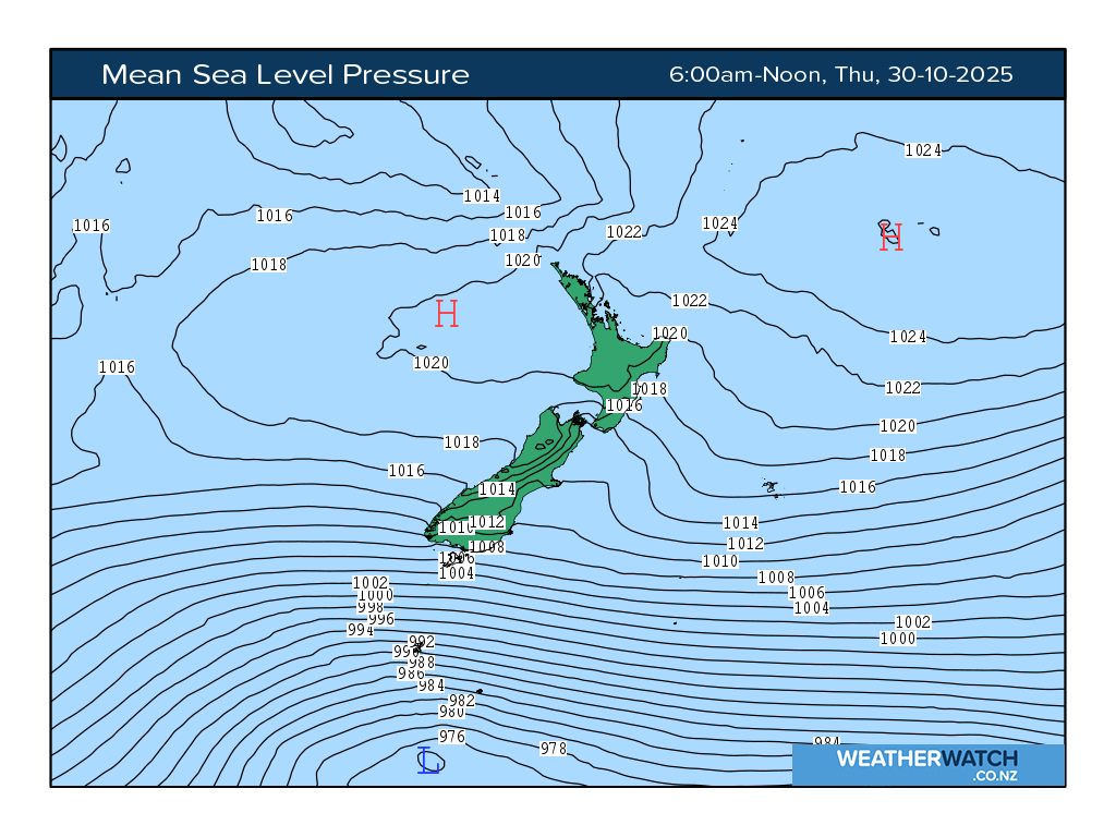 Mean sea level pressure for 7:01am on Thu 30 October 2025