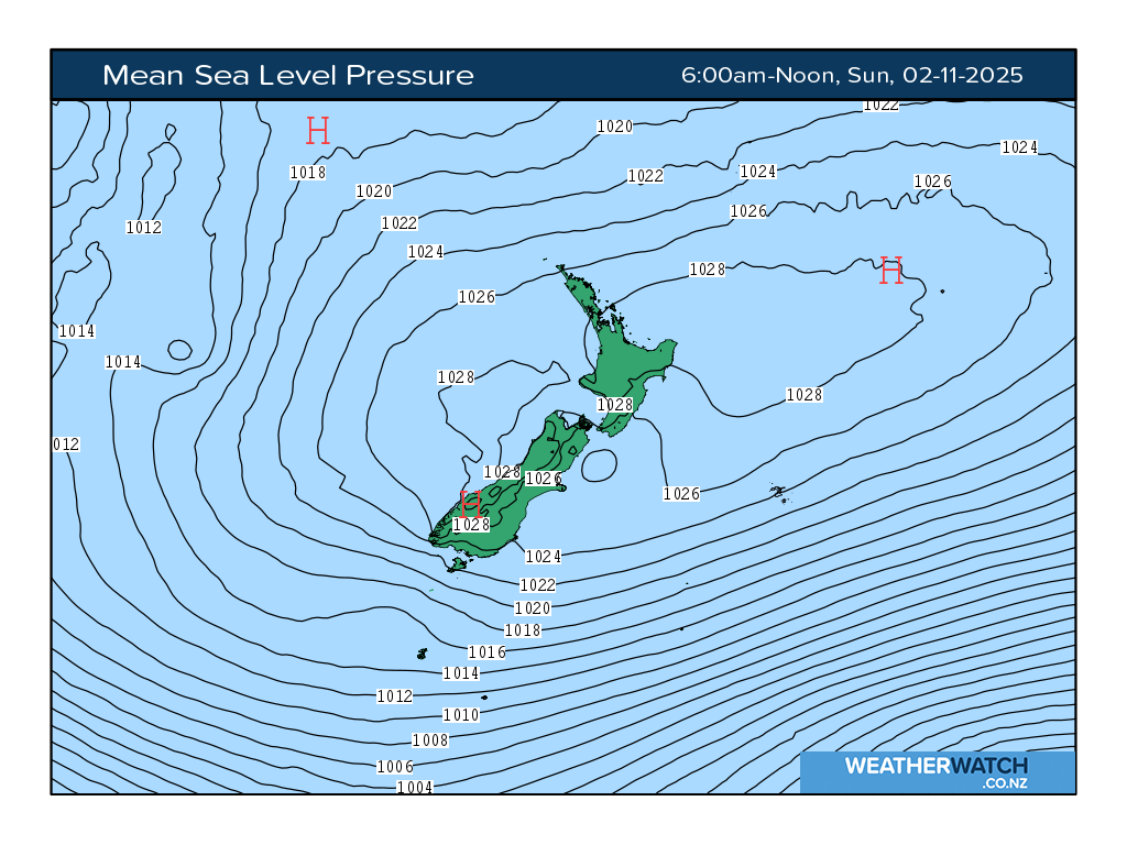 Mean sea level pressure for 7:01am on Sun 2 November 2025